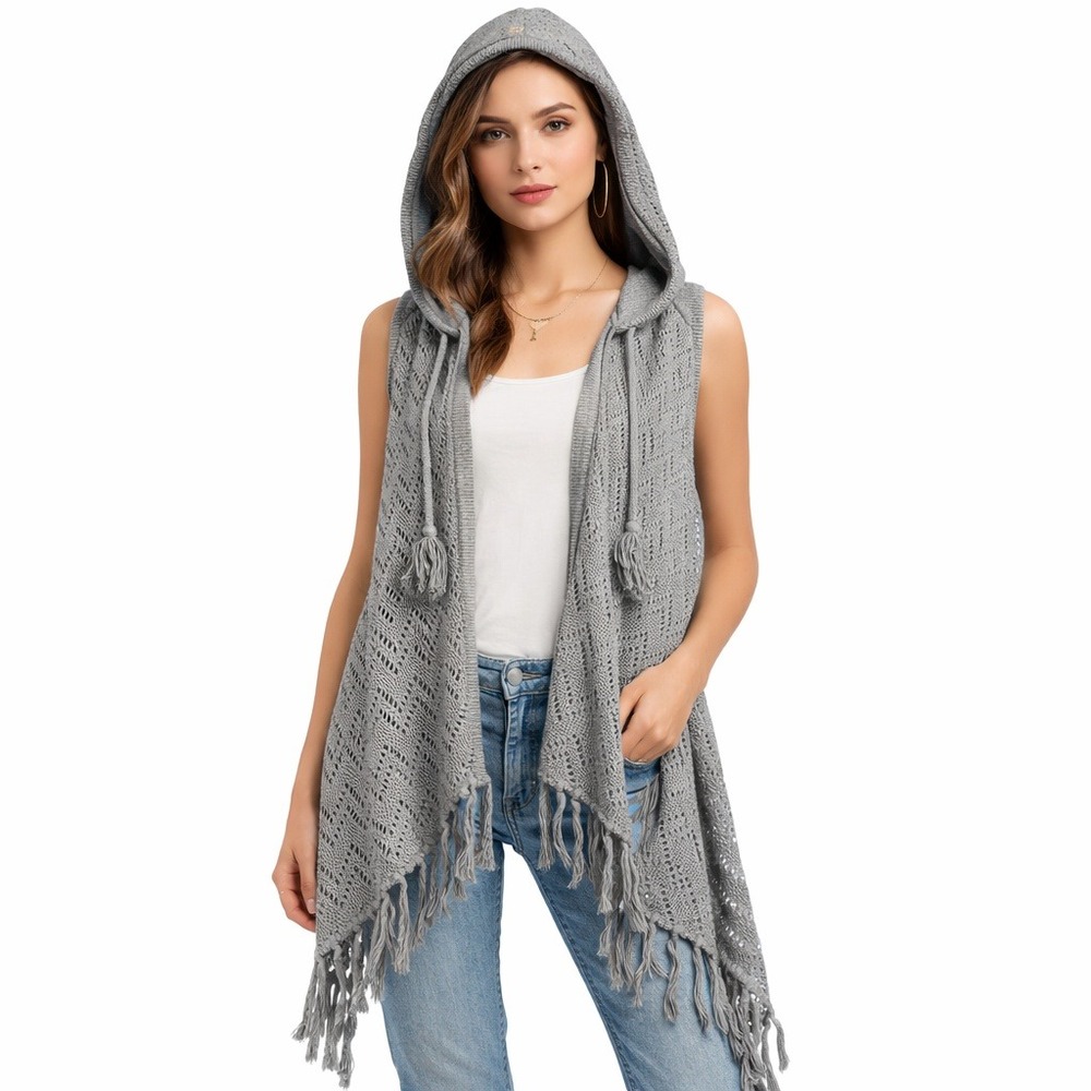 DECREE‎ Gray Crochet Knit Hooded Fringe Vest Cardigan Women's M M